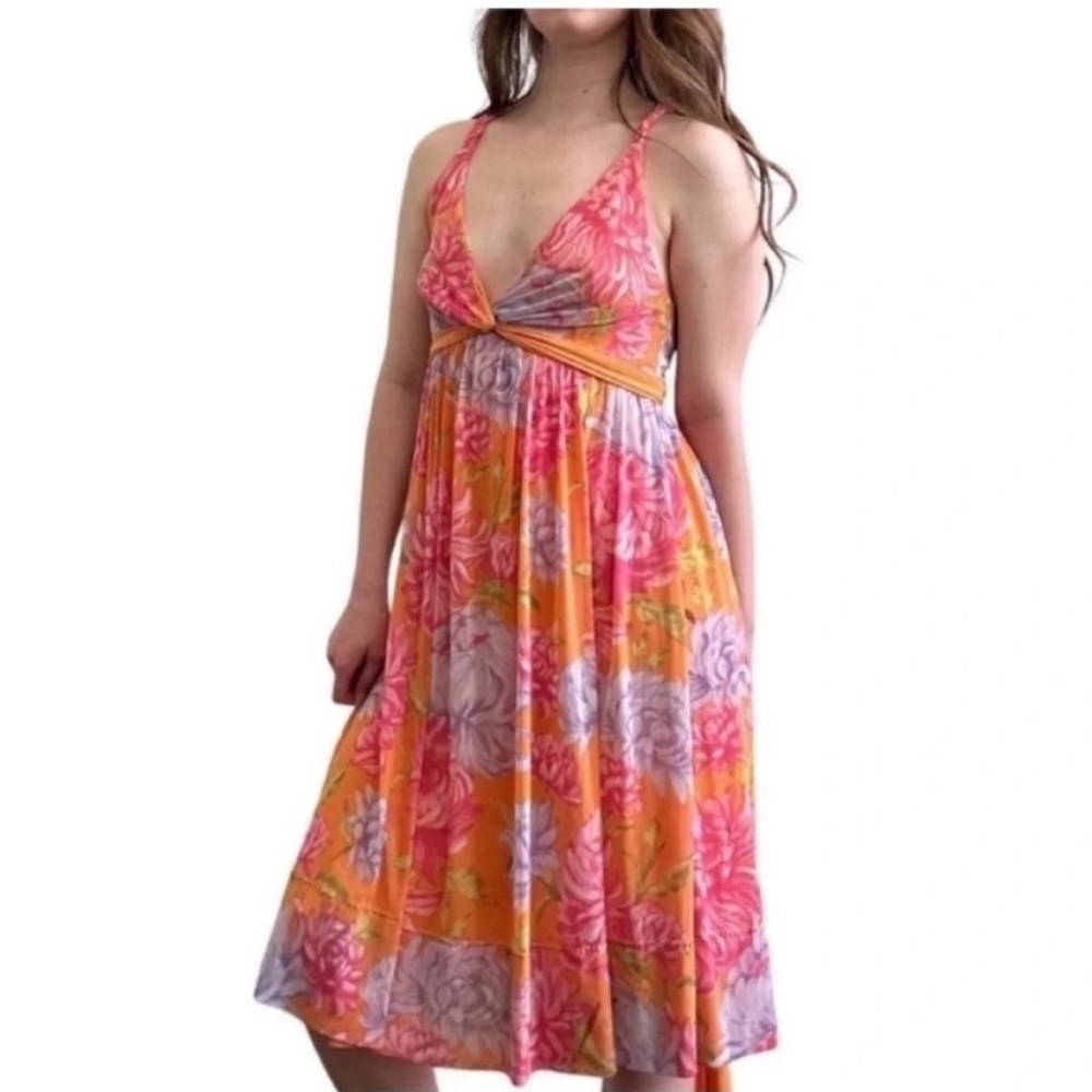 Vivienne Tam 90s Vintage Floral Dress Orange Pink Purple